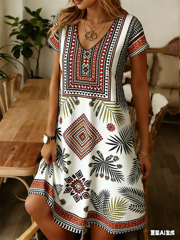 Midi Skirt Floral - Ethnic Style Women Dress Summer V-Neck