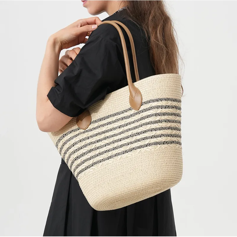 Striped woven straw beach tote - Tote Bag Beach บทวิจารณ์และราคา