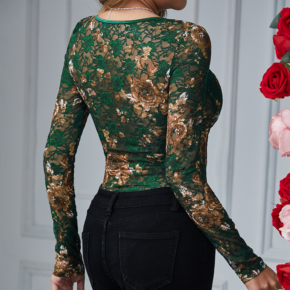 Sexy Lace Bodysuit Women Squar - Romper Floral Print บทวิจารณ์และราคา