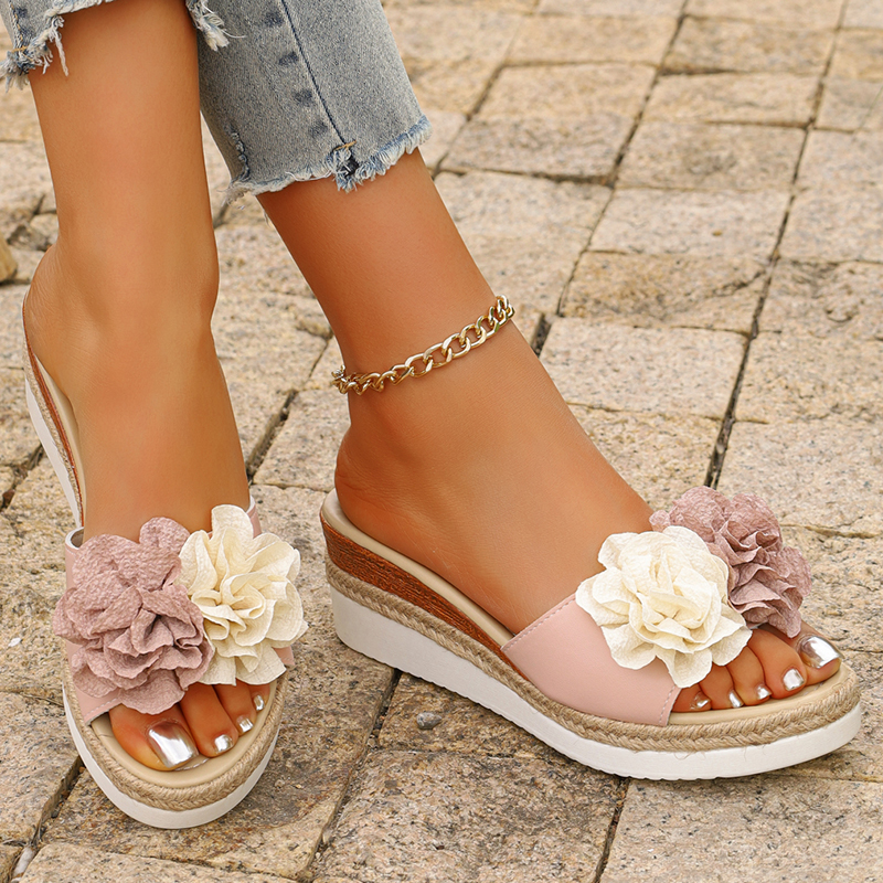 Women's Pink Flower Decor Plat - Wedge Espadrille Women บทวิจารณ์และราคา