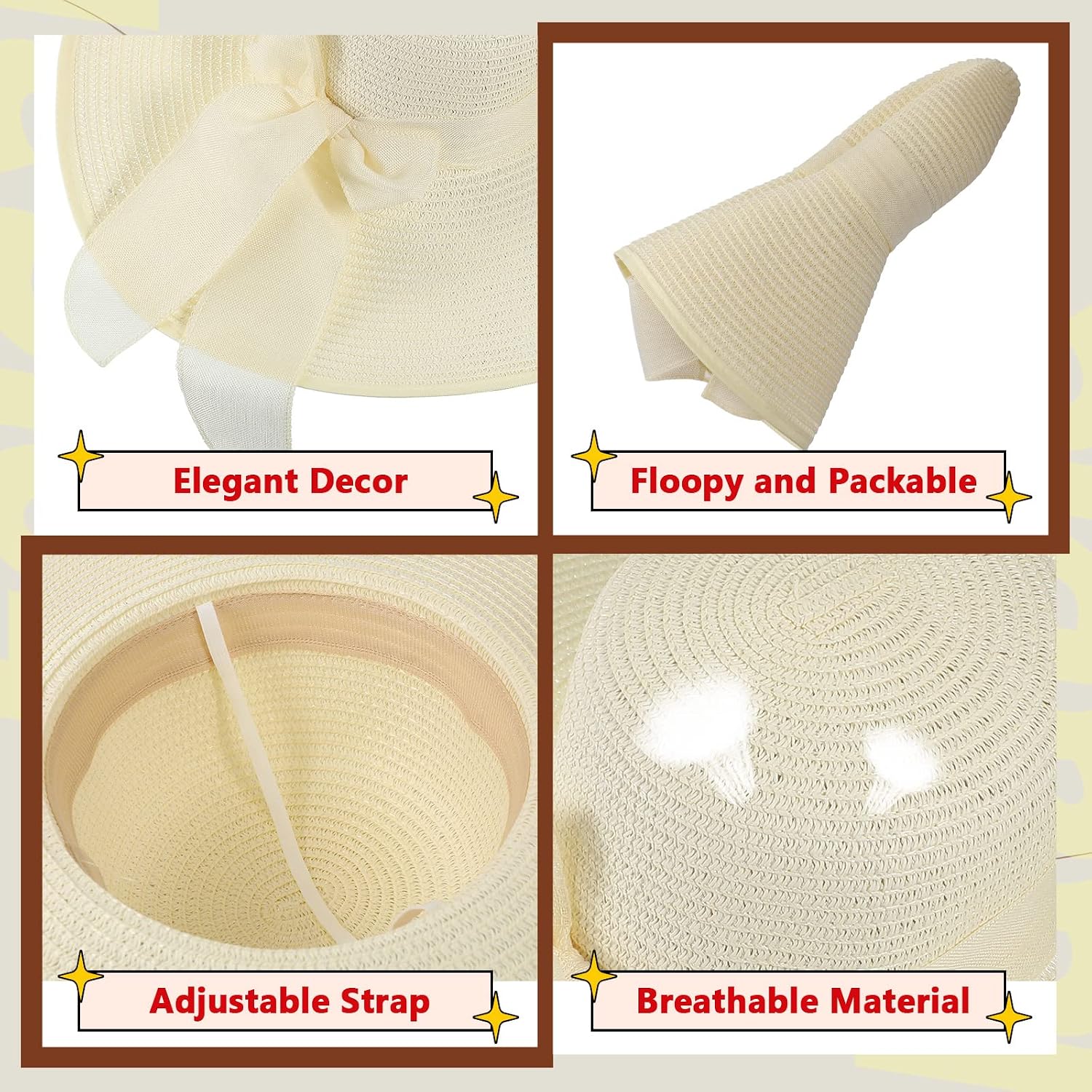 12 PCS Women's Wide Brim Straw - Hat Floppy Wide บทวิจารณ์และราคา