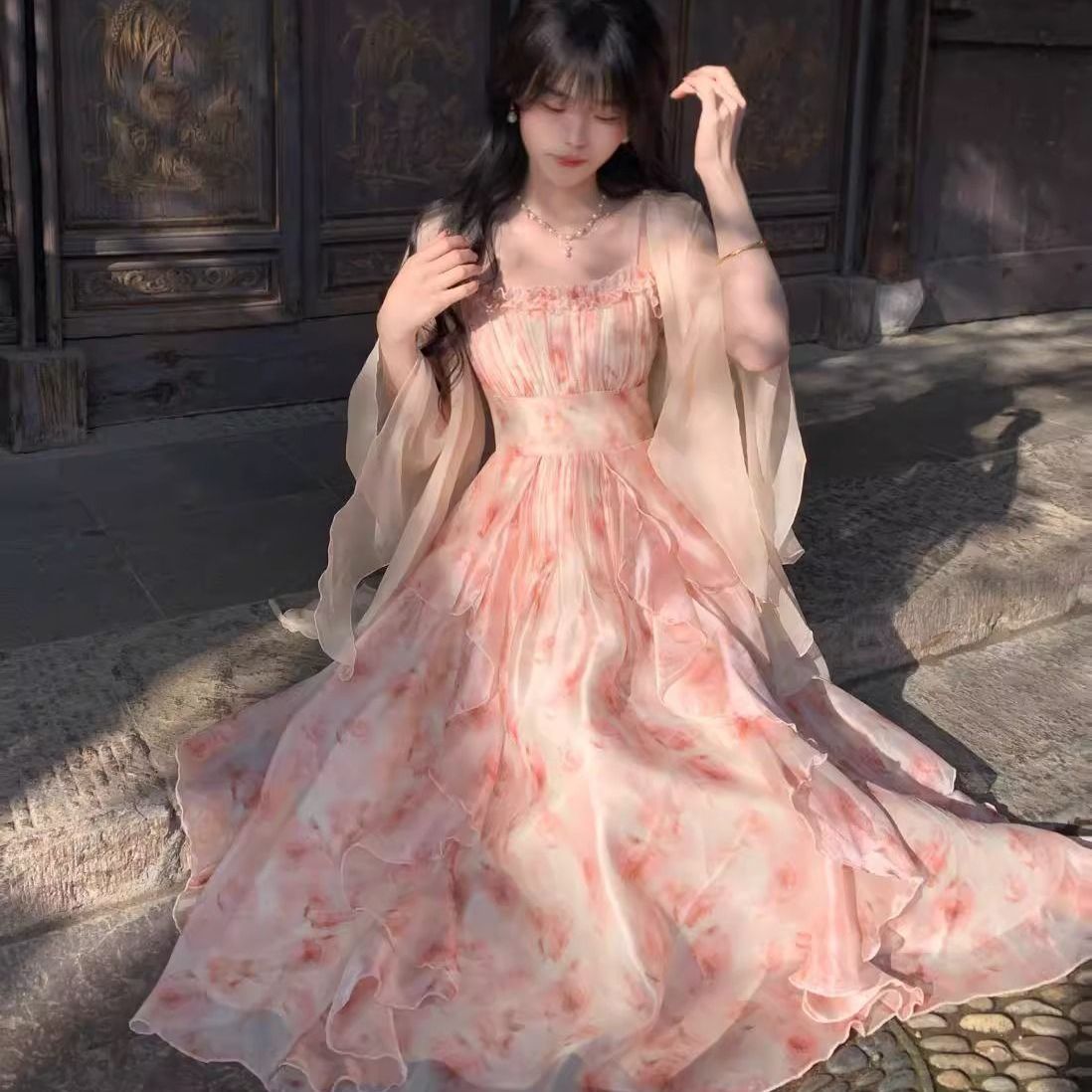 Women Watercolor Peach Floral  - Kimono Sheer Floral บทวิจารณ์และราคา