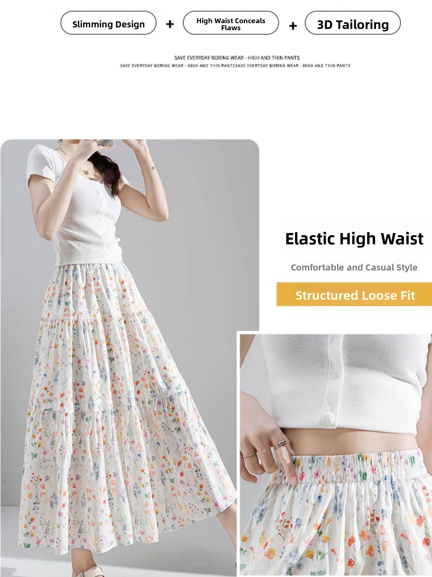plus Size Floral Print A-Line  - Midi Skirt Floral บทวิจารณ์และราคา