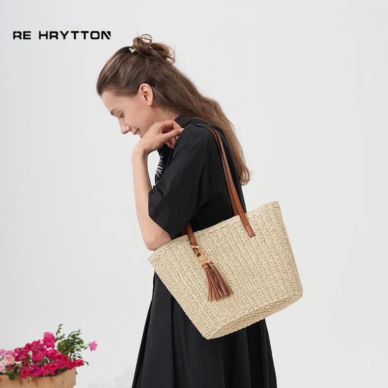 Fringed Straw Tote Bag Handwov - Tote Bag Beach บทวิจารณ์และราคา