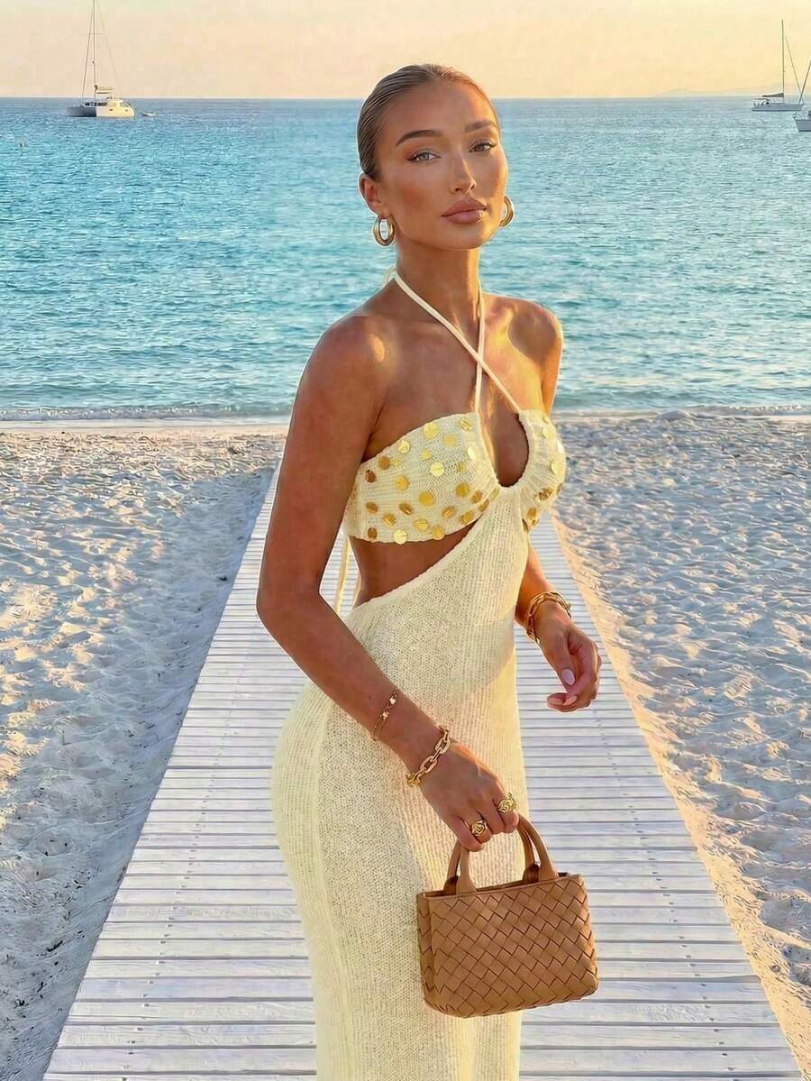 Womens Bohemian Sequin Spaghet - Maxi Dress Halter บทวิจารณ์และราคา