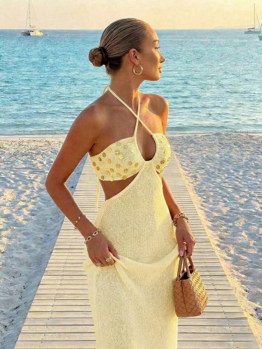 Womens Bohemian Sequin Spaghet - Maxi Dress Halter บทวิจารณ์และราคา