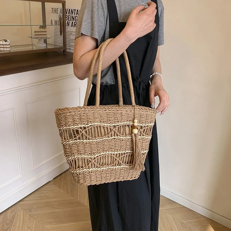 Hollow Woven Straw Shoulder Ba - Tote Bag Beach บทวิจารณ์และราคา