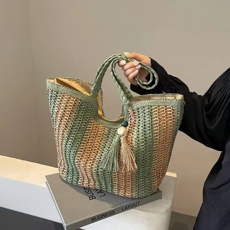 Striped woven straw tote bag f - Tote Bag Beach บทวิจารณ์และราคา
