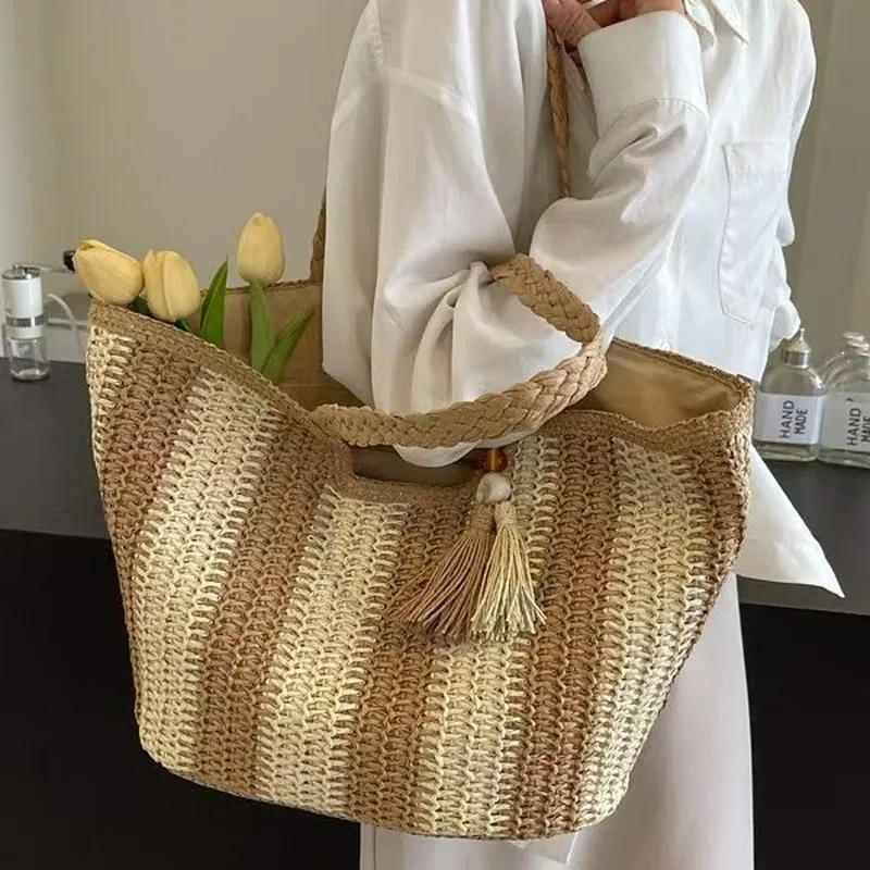 Striped woven straw tote bag f - Tote Bag Beach บทวิจารณ์และราคา