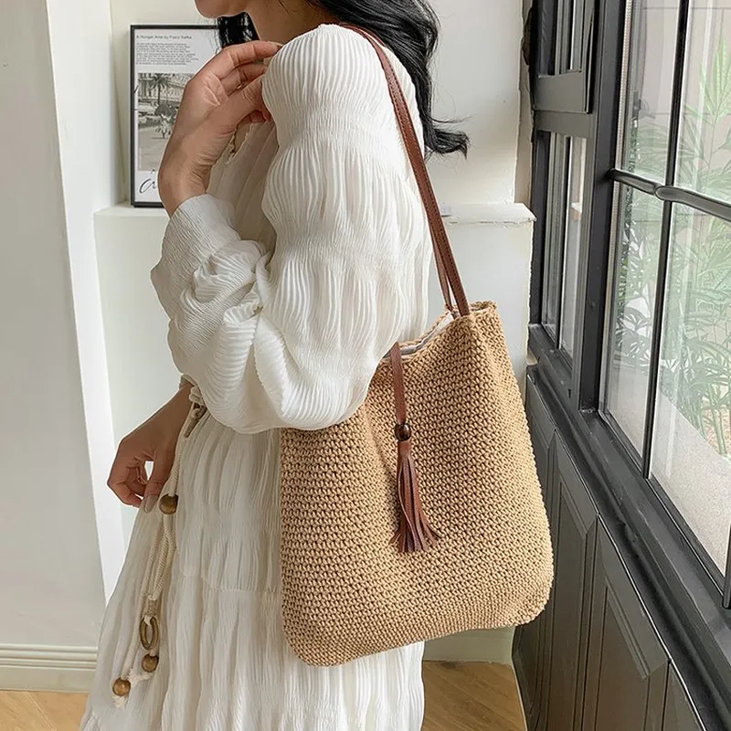 Tassel straw woven tote bag ha - Tote Bag Beach บทวิจารณ์และราคา