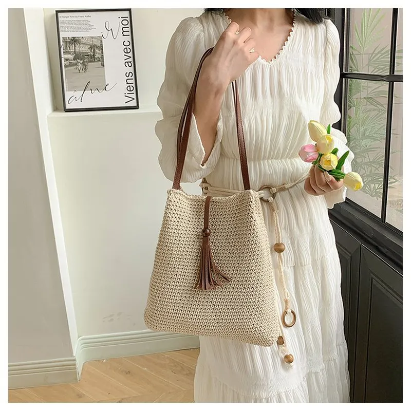 Tassel straw woven tote bag ha - Tote Bag Beach บทวิจารณ์และราคา
