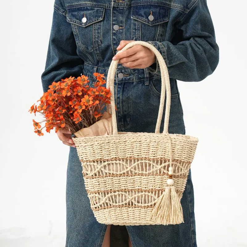 Hollow-Shoulder Straw Tote Bag - Tote Bag Beach บทวิจารณ์และราคา