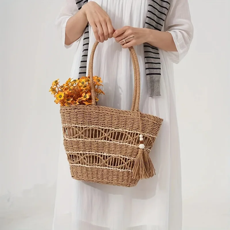 Hollow-Shoulder Straw Tote Bag - Tote Bag Beach บทวิจารณ์และราคา