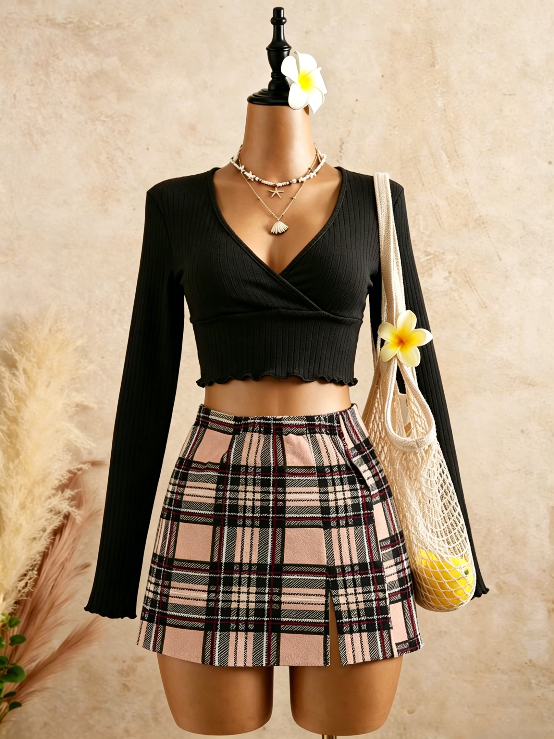 Women Black Wrap V Neck Ruffle - Crop Top Crochet บทวิจารณ์และราคา
