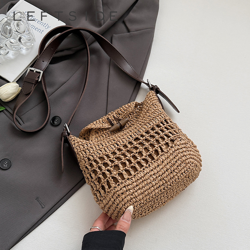Small Woven Straw Bucket Bag L - Crochet Bag Raffia บทวิจารณ์และราคา