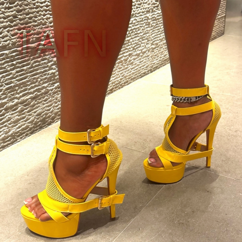 Mesh Buckle Strap Stiletto Pla - Sandal Strappy Heeled บทวิจารณ์และราคา