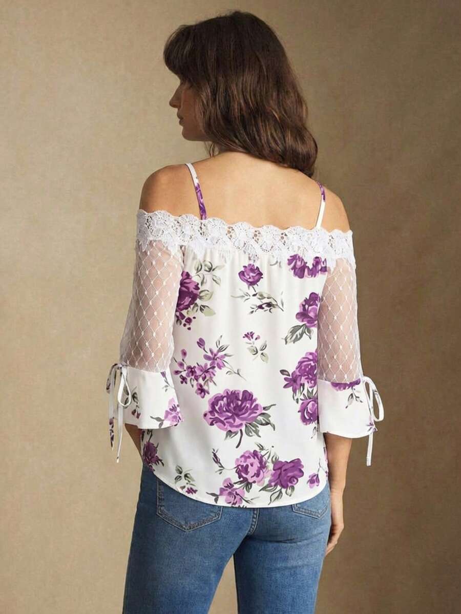 Purple Floral Print Off Should - Blouse Off Shoulder บทวิจารณ์และราคา