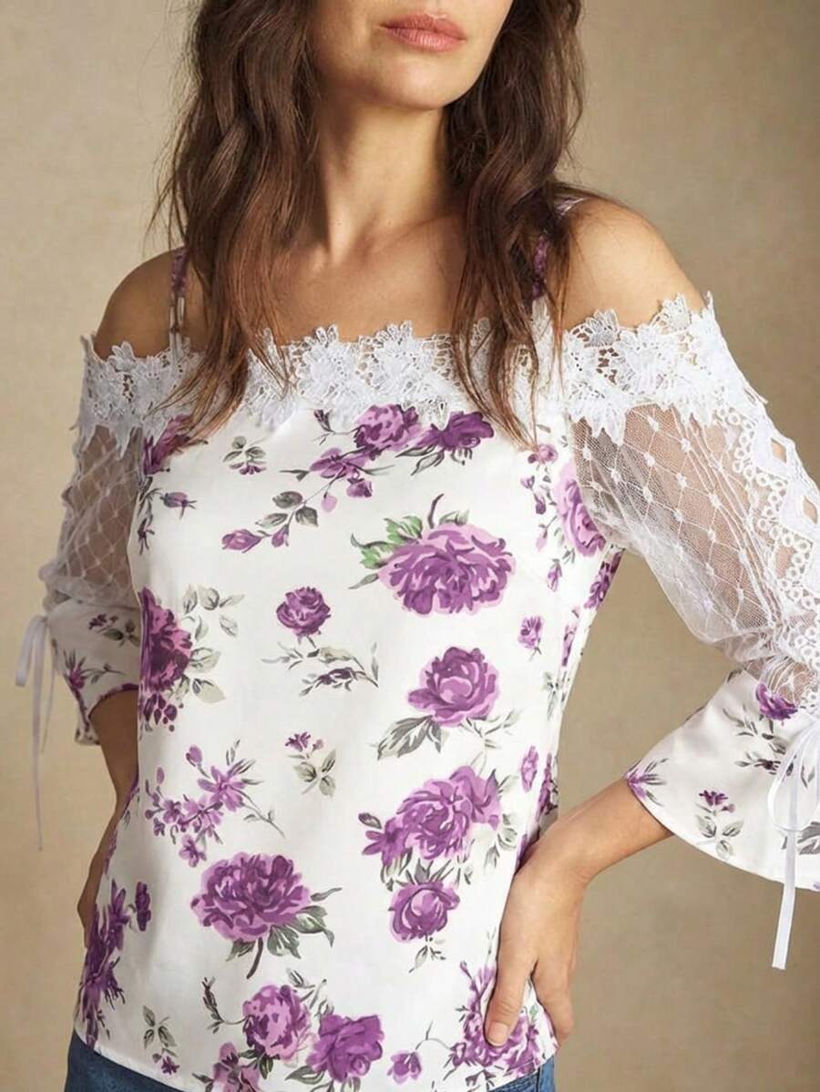 Purple Floral Print Off Should - Blouse Off Shoulder บทวิจารณ์และราคา