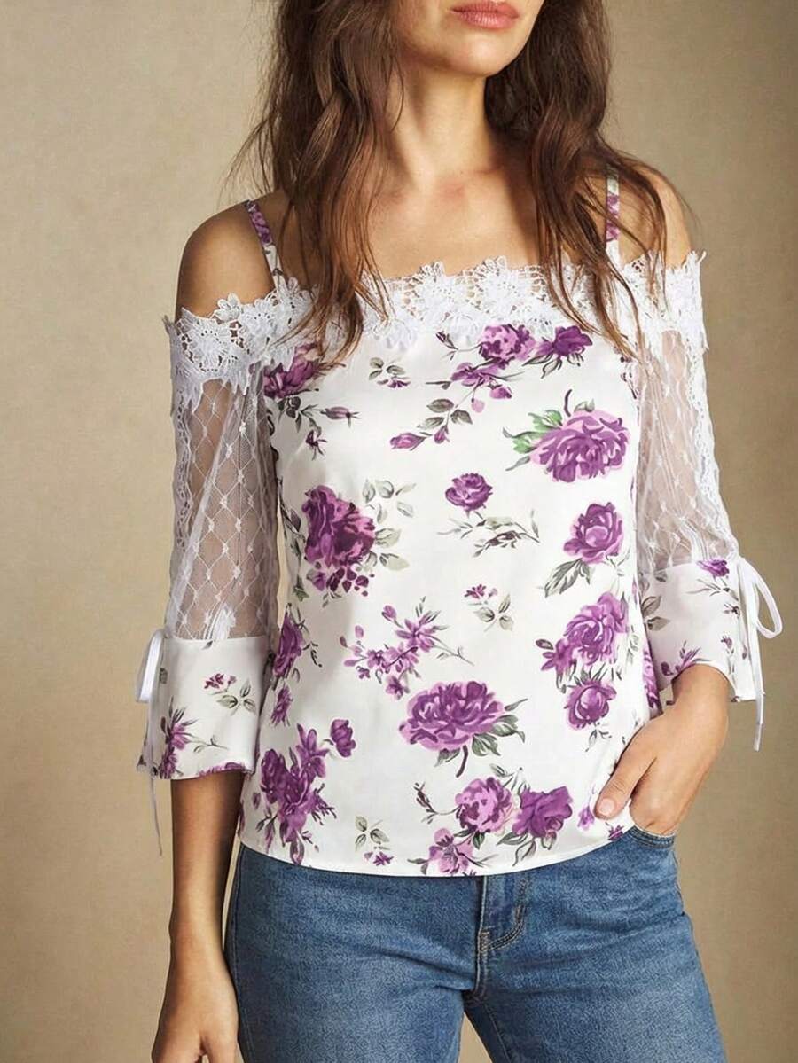 Purple Floral Print Off Should - Blouse Off Shoulder บทวิจารณ์และราคา