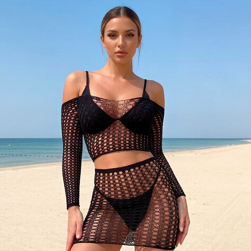 1 Set Women Long Sleeve See-Th - Cover Up Kaftan บทวิจารณ์และราคา