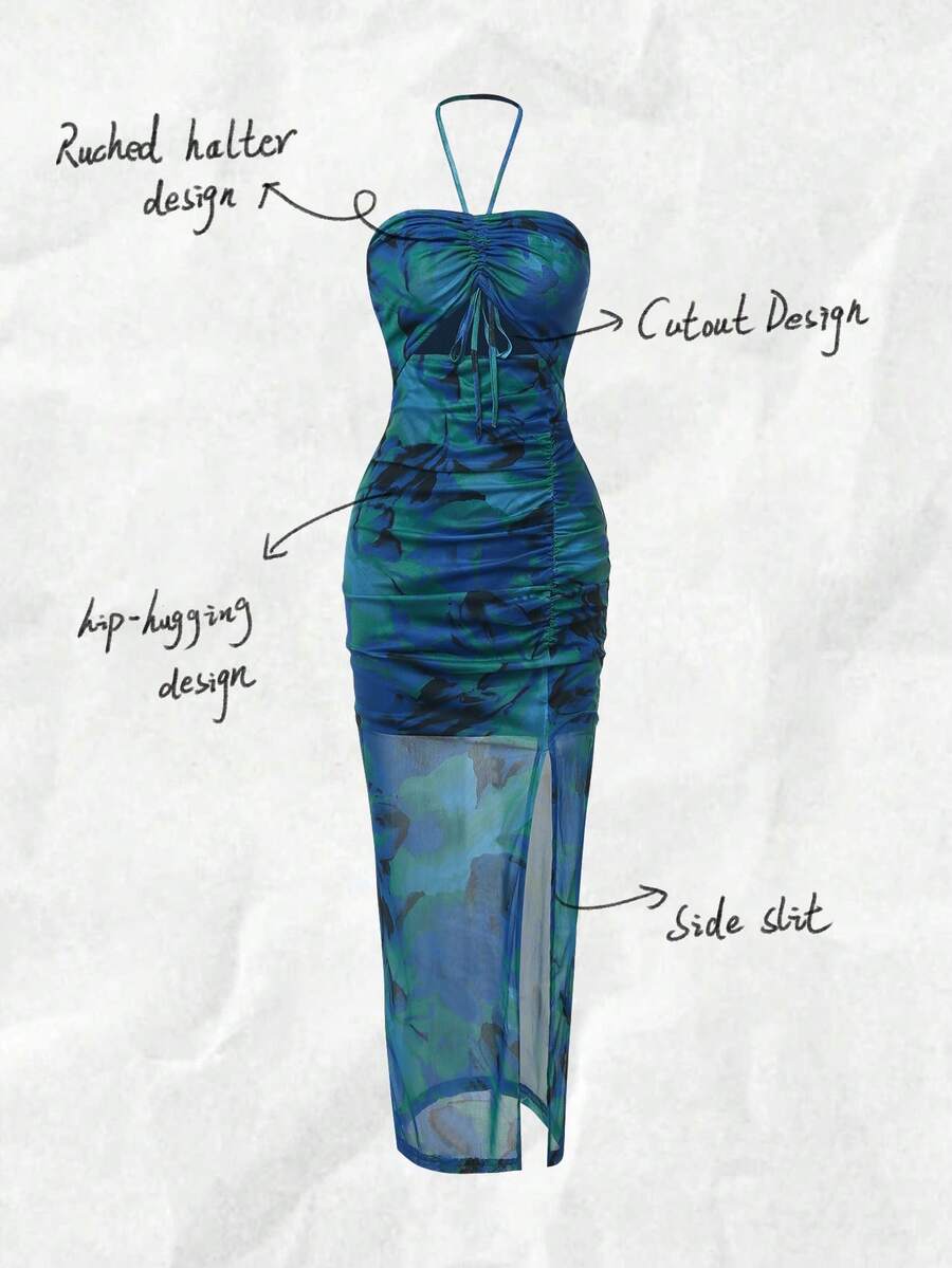 Halter Neck Pleated Mesh Print - Maxi Dress Halter บทวิจารณ์และราคา